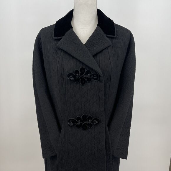 Vintage Freiss Black Coat w/ Velvet Collar & Frog Closures Lined Small/Medium - Picture 5 of 12